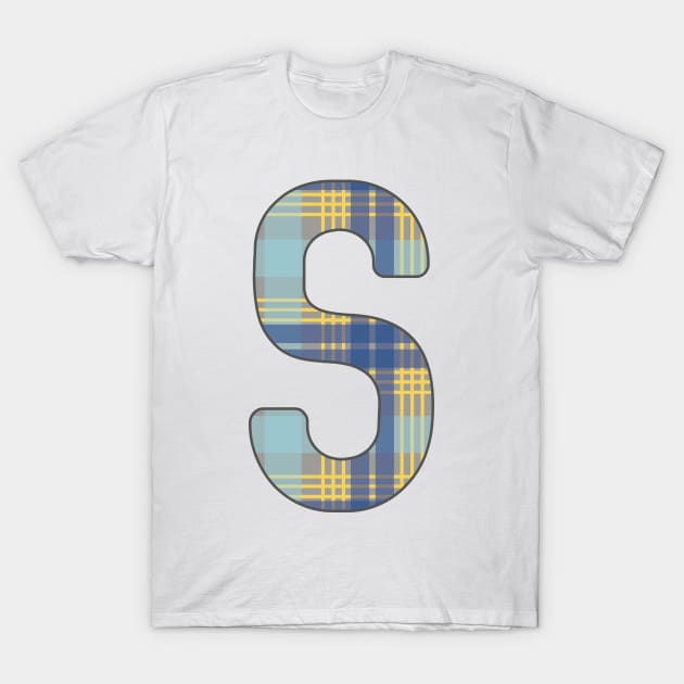 Monogram Letter S, Blue, Yellow and Grey Scottish Tartan Style Typography Design T-Shirt by MacPean